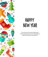 Fototapeta na wymiar Merry Christmas and Happy New Year card vector illustration. Place for text. Great for New Year party invitation, christmas fair, flyer, banner, poster. Flat and line style design.