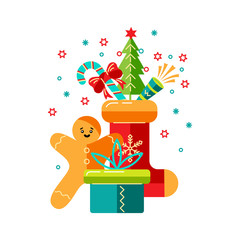 Merry Christmas and Happy New Year card vector illustration. Design element isolated on white background. Great for flyer, decoration, postcard, banner, poster. Flat and line style design.