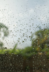 Raindrops on windows with blurry green view in background