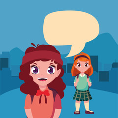 student girls with bag talking back to school