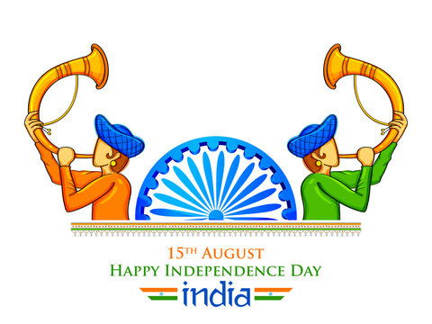illustration of men blowing tutari horn showing welcome on India background for Happy Independence Day of India