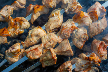 Fried meat on open fire. Close-up barbecue.