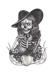 Art Women Fashion Model Skull Day of the dead. Hand drawing on paper.