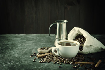 Morning with aromatic black coffee