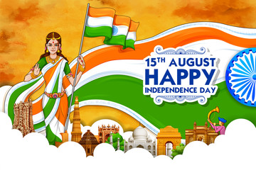 illustration of Mother India with Famous Indian monument and Landmark for Happy Independence Day of India