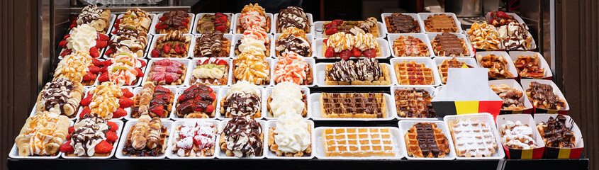 Various of  sweet dessert waffle topping with fresh fruits and chocolate