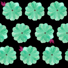 Simple pattern of neon stylized flowers and leaves.