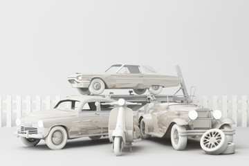 Vintage cars in white color with vintage scooter on white background. 3d rendering