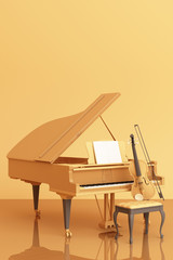 Grand piano with a violin on pink pastel color background. 3d rendering © Jokiewalker