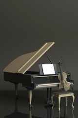 Grand piano with a violin on pink pastel color background. 3d rendering