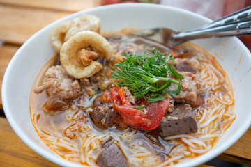 Noodles and Chicken curry with vegetable, Thai noodles (Kanom Jeen)