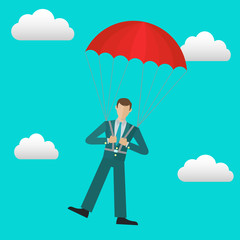 Businessman with parachute in the sky safety business vector concept