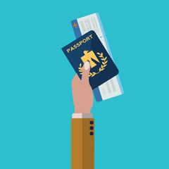 Hand holding passport and plane ticket, ready for travel vector concept