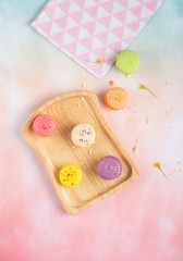 Colorful  macarons on colorful background, french cake, sweet concept, nature light, copy space.