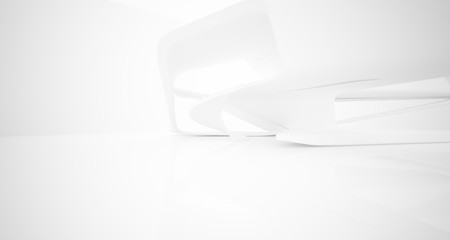 Abstract architectural white smooth interior of a minimalist house with large windows.. 3D illustration and rendering.