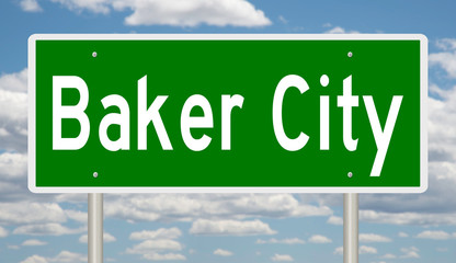 Rendering of a green highway sign for Baker City Oregon