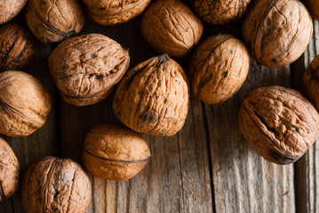 walnuts on old wooden table directly above