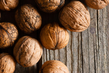 walnuts on old wooden table directly above