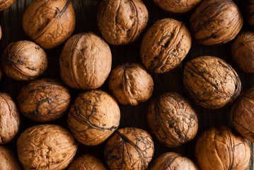 walnuts on old wooden table directly above