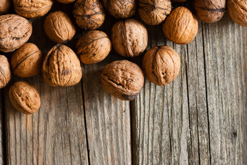walnuts on old wooden table directly above
