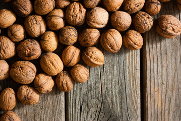 walnuts on old wooden table directly above