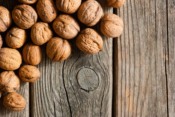 walnuts on old wooden table directly above