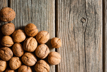 walnuts on old wooden table directly above
