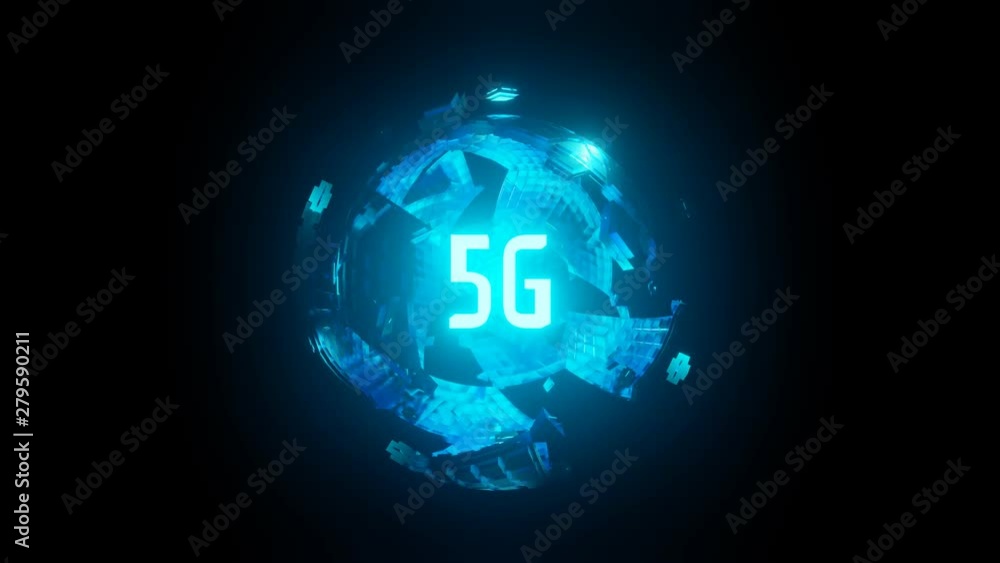 Poster seamless loop. glowing 5g text blue led color with rotating sci fi shape geometry surrounding. conce