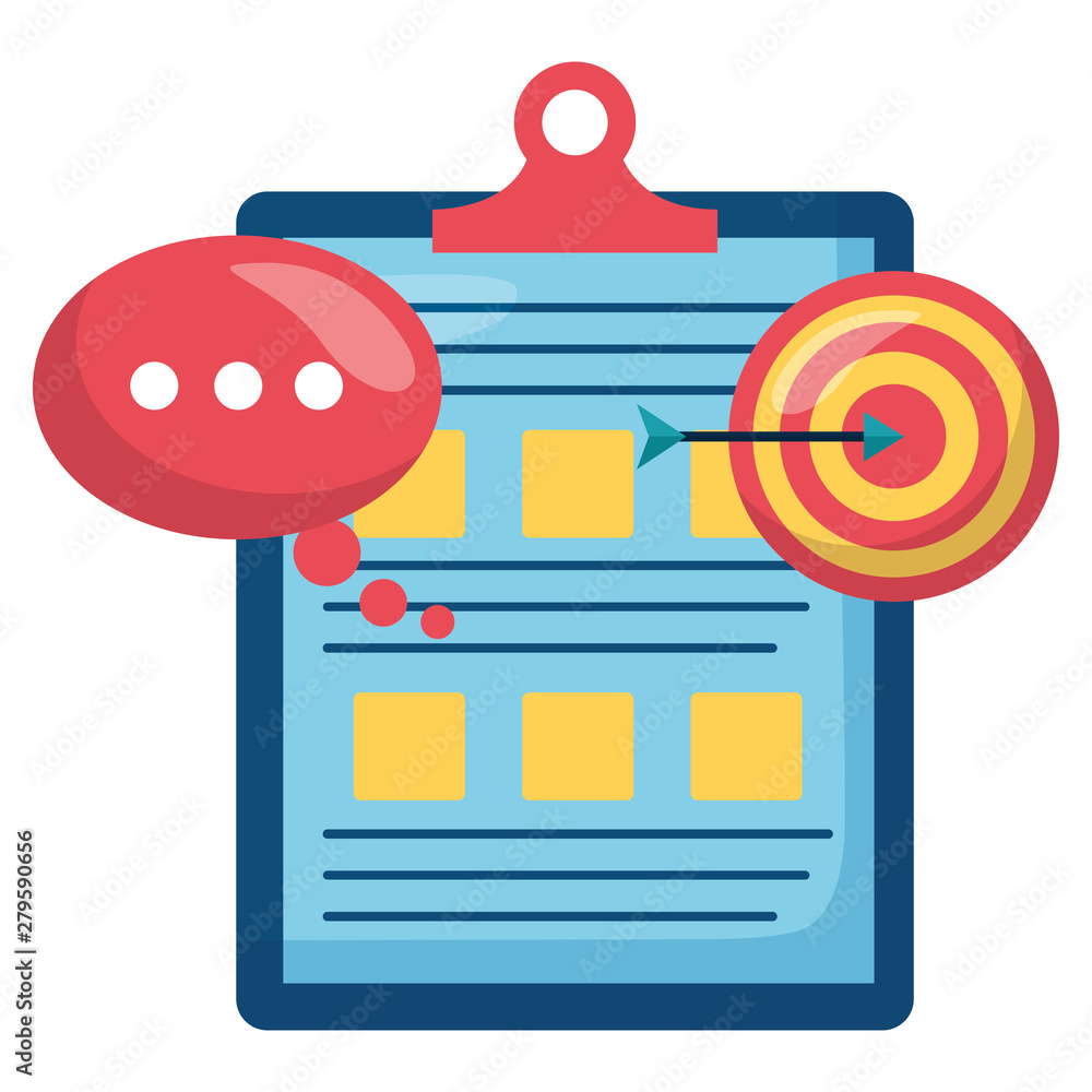 Poster checklist clipboard document with target and speech bubble