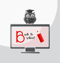 Wise owl on the monitor. Back to school. Lettering. The emblem for the design of a notebook, notepad, planner, organizer, bookmark or bookshelf.
