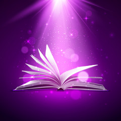 Mystery open book. Fantasy book with magic light and sparkles. Vector illustration