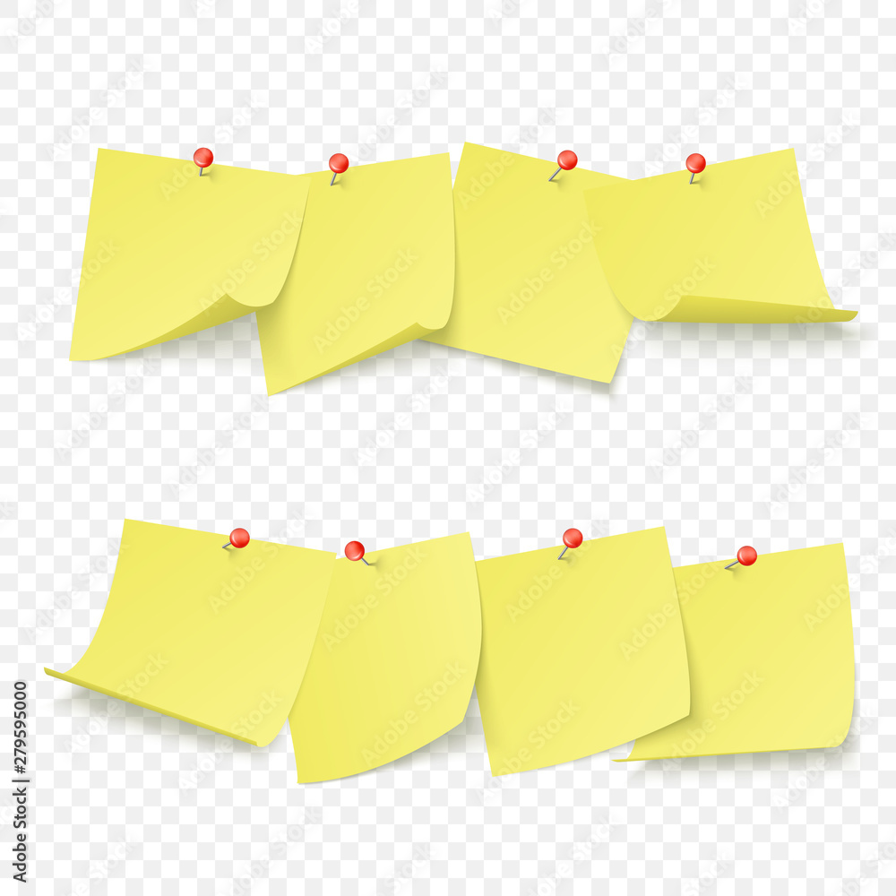 Poster reminder board with empty yellow stickers attached with red pins. vector illustration isolated on tr
