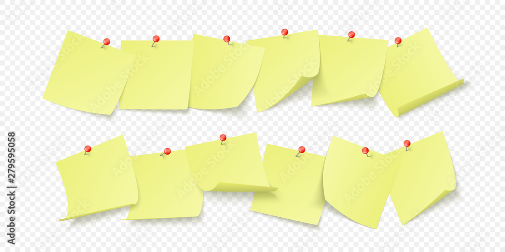 Poster empty yellow stickers with space for text or message stuck by clip to wall. vector illustration isol