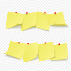 Reminder board with empty yellow stickers attached with red pins. Vector illustration isolated on transparent background