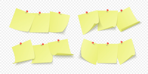 Set of yellow office stickers with space for text or message stuck by neeples to wall. Vector illustration isolated on transparent background