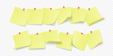 Empty yellow stickers with space for text or message stuck by clip to wall. Vector illustration isolated on transparent background