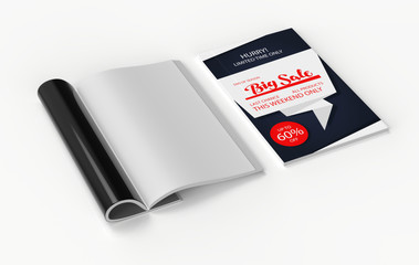 Magazine with rolled white paper pages isolated on white background. blank book, catalogue or brochure with folded sheets mock up. 3d illustration