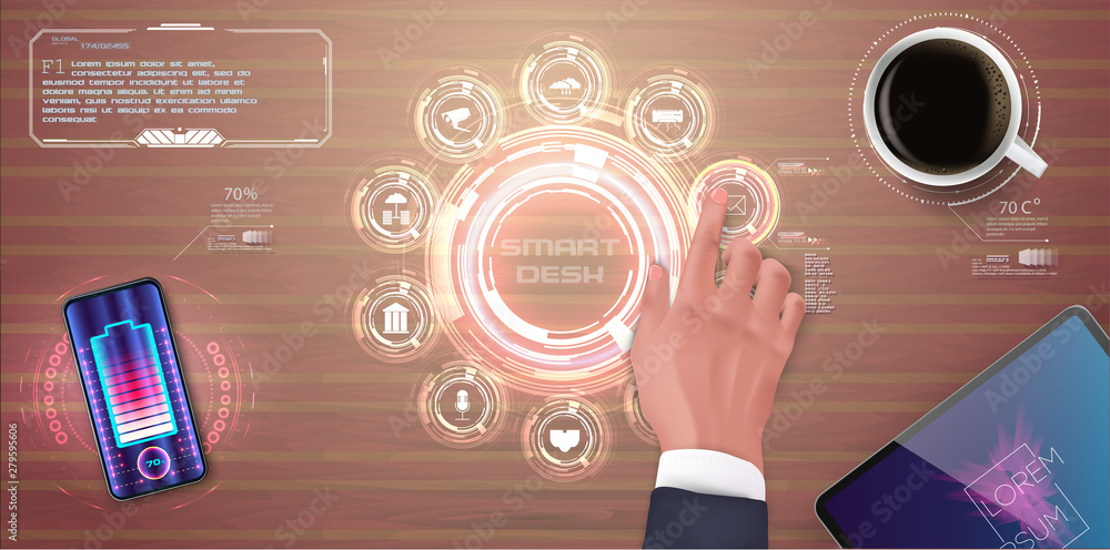 Poster digital desktop technology of the future. top view of desk with the tablet and charging the mobile p