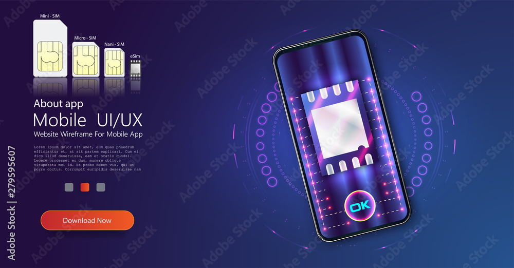 Aufkleber SIM card chip sign. Embedded eSIM concept. New mobile communication technology. Futuristic projection sim card. Vector illustration