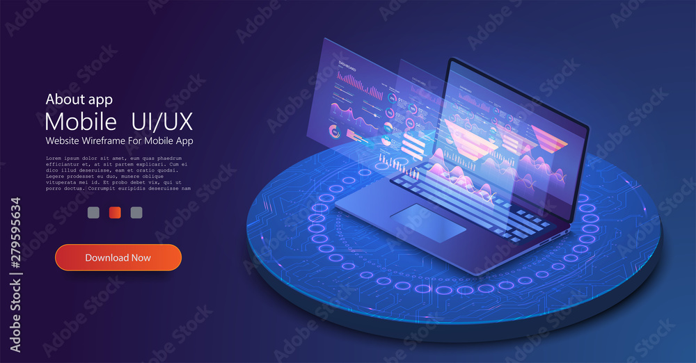 Fototapete application of laptop with business graph and analytics data on isometric laptop . analysis trends a