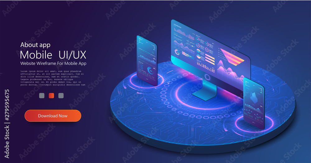 Poster application of pc, phone with business graph and analytics data on isometric device. analysis trends