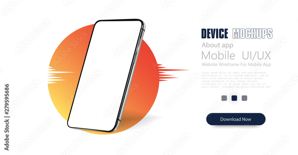 Poster Smartphone frame less blank screen, rotated position. 3d isometric illustration cell phone. Smartphone perspective view. Template for infographics or presentation UI design interface. Trendy gradient.