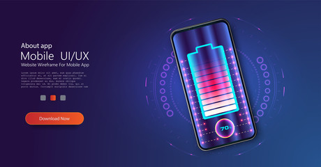 Wireless charging of the smartphone battery. Future concept. The progress of charging the battery of the phone.Wireless charging technology concept on blue background - obrazy, fototapety, plakaty