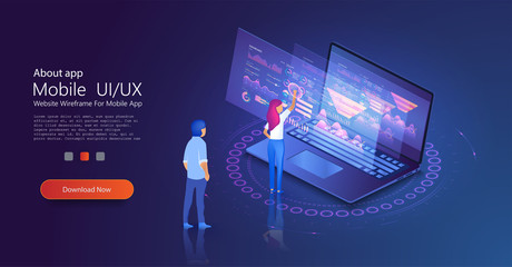 Data analysis concept with characters. Data visualization concept. Financial analytic and business infographic elements on screen laptop. Can use for web banner, infographics. Flat isometric vector