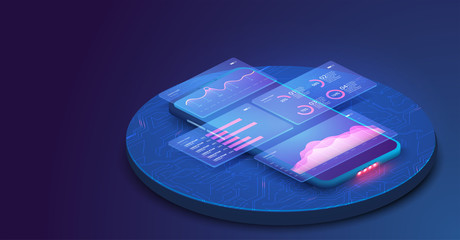 Online statistics and data Analytics.Digital money market, investment, finance and trading. Perfect for web design, banner and presentation. Isometric vector illustration.