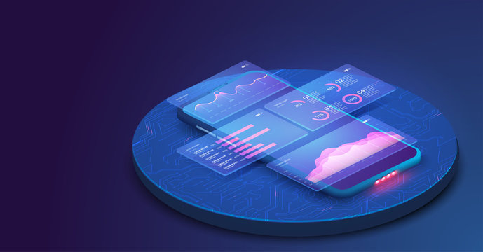 Online statistics and data Analytics.Digital money market, investment, finance and trading. Perfect for web design, banner and presentation. Isometric vector illustration.