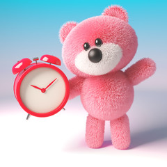 Pink teddy bear with soft fur holding an alarm clock to set for a morning alarm, 3d illustration