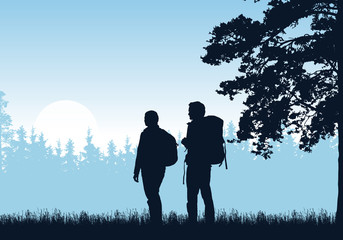 Realistic illustration of standing two tourist, man and woman with backpack, grass and high tree. Forest under blue sky with sunrise or sunset. With space for text, vector
