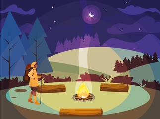 man camping bonfire forest mountains landmark