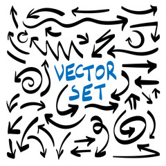 Illustration of grunge sketch handmade watercolor doodle vector arrow set collection. Creative vector illustration of black hand drawn arrows set isolated on white background. Concept graphic element